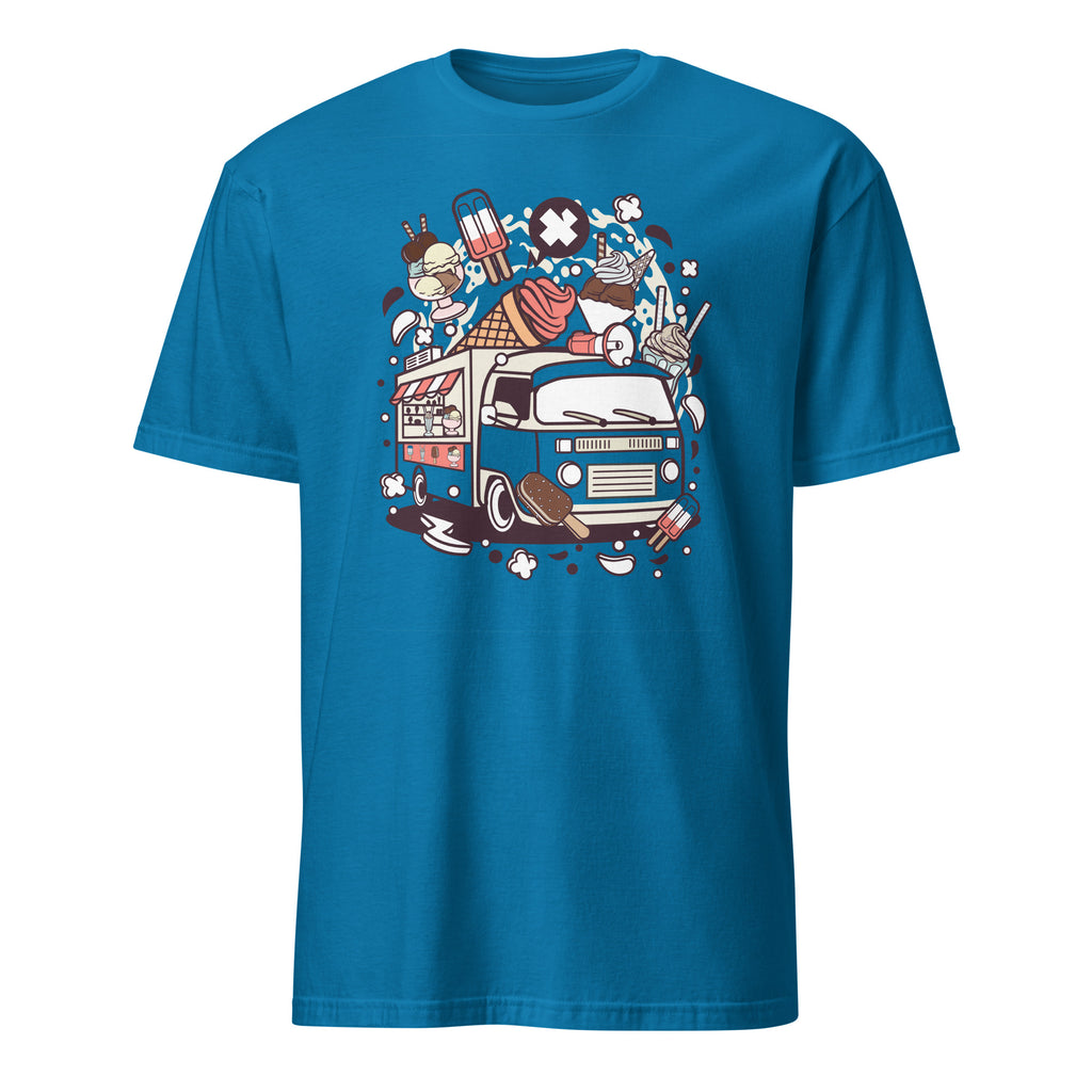 Blue t-shirt with a colorful graphic of a van and various elements on a white background