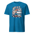 Blue t-shirt with a colorful graphic of a van and various elements on a white background