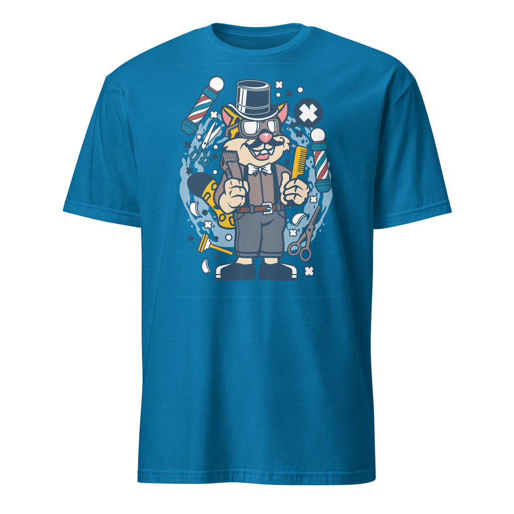 Blue t-shirt with a cartoon barber bear design on a white background