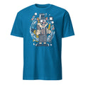 Blue t-shirt with a cartoon barber bear design on a white background