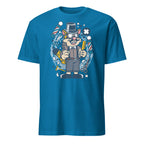 Blue t-shirt with a cartoon barber bear design on a white background