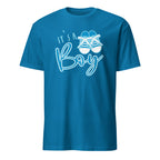 Sapphire t-shirt with 'It's a Boy' text and baby shoes graphic on a white background