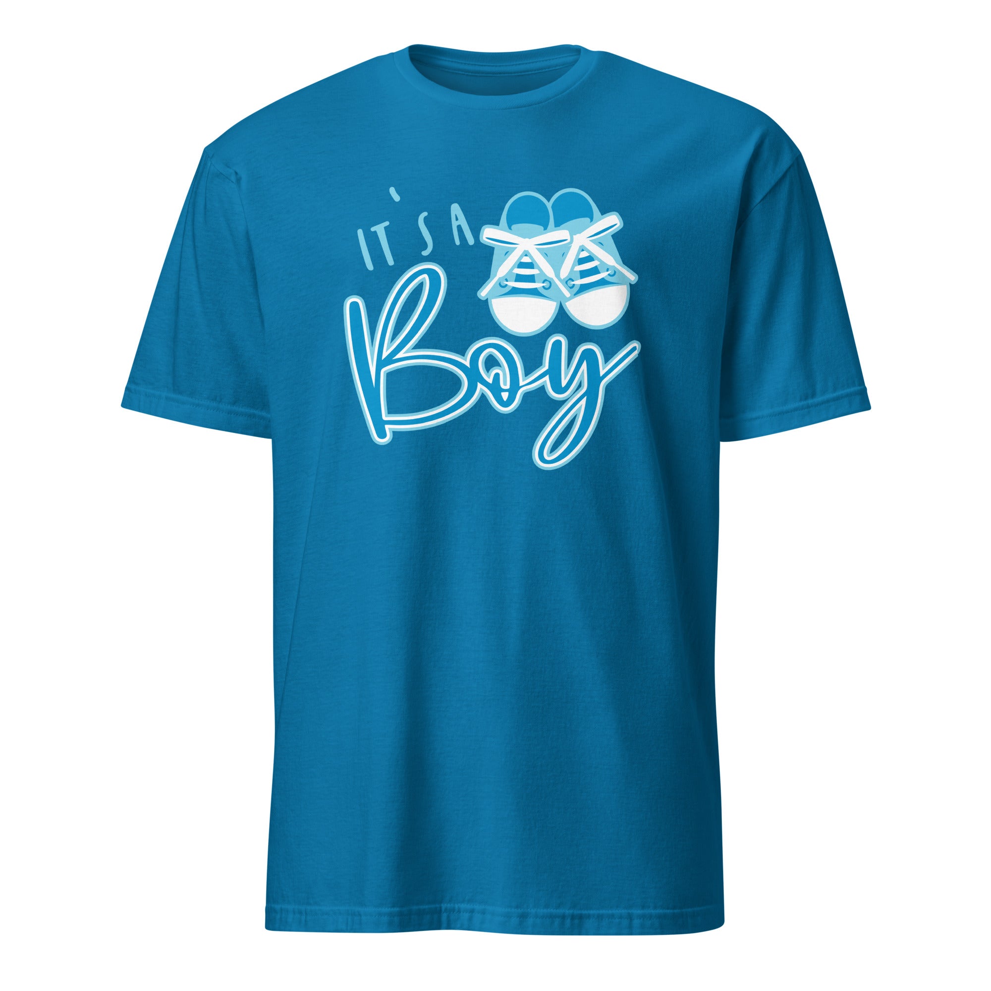 Sapphire t-shirt with 'It's a Boy' text and baby shoes graphic on a white background