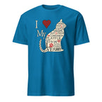 Blue t-shirt with a graphic design of a cat and text on a white background