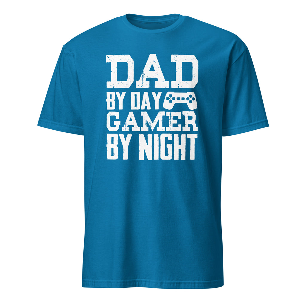 Blue t-shirt with white text 'DAD BY DAY GAMER BY NIGHT' on a white background