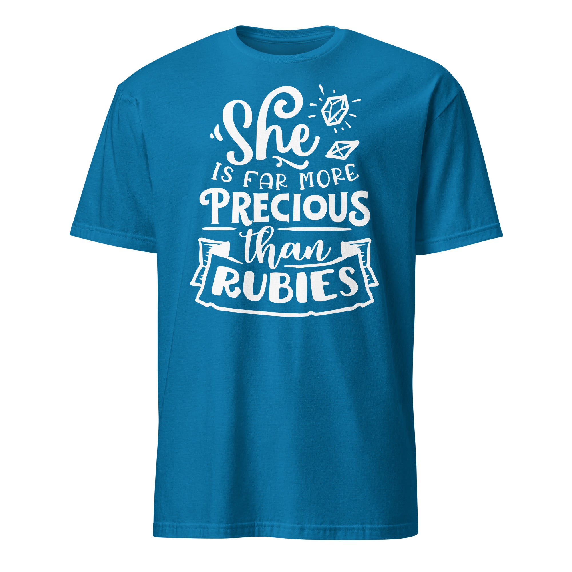 Blue t-shirt with white text on a white background