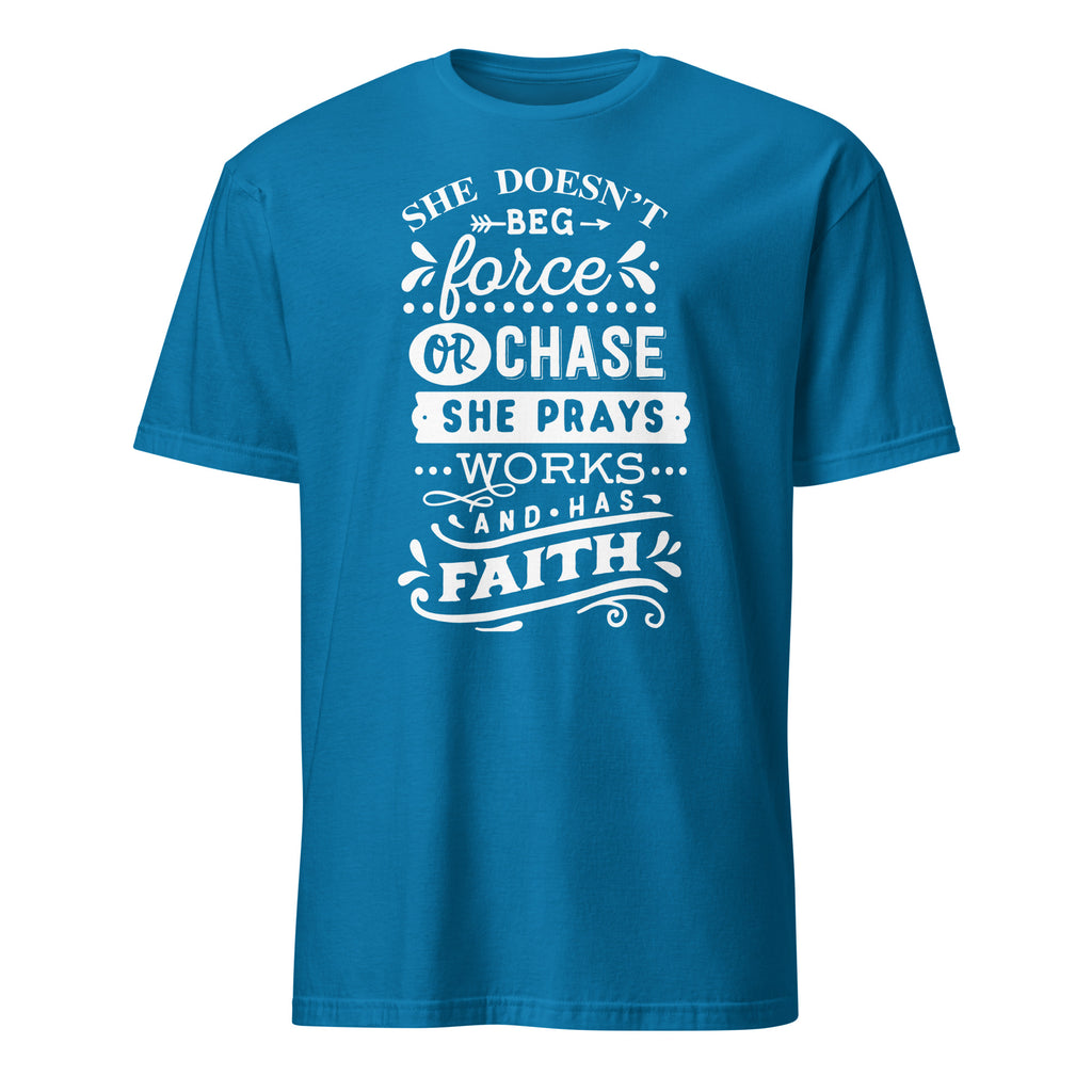 Blue t-shirt with white motivational text design on a white background