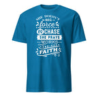 Blue t-shirt with white motivational text design on a white background