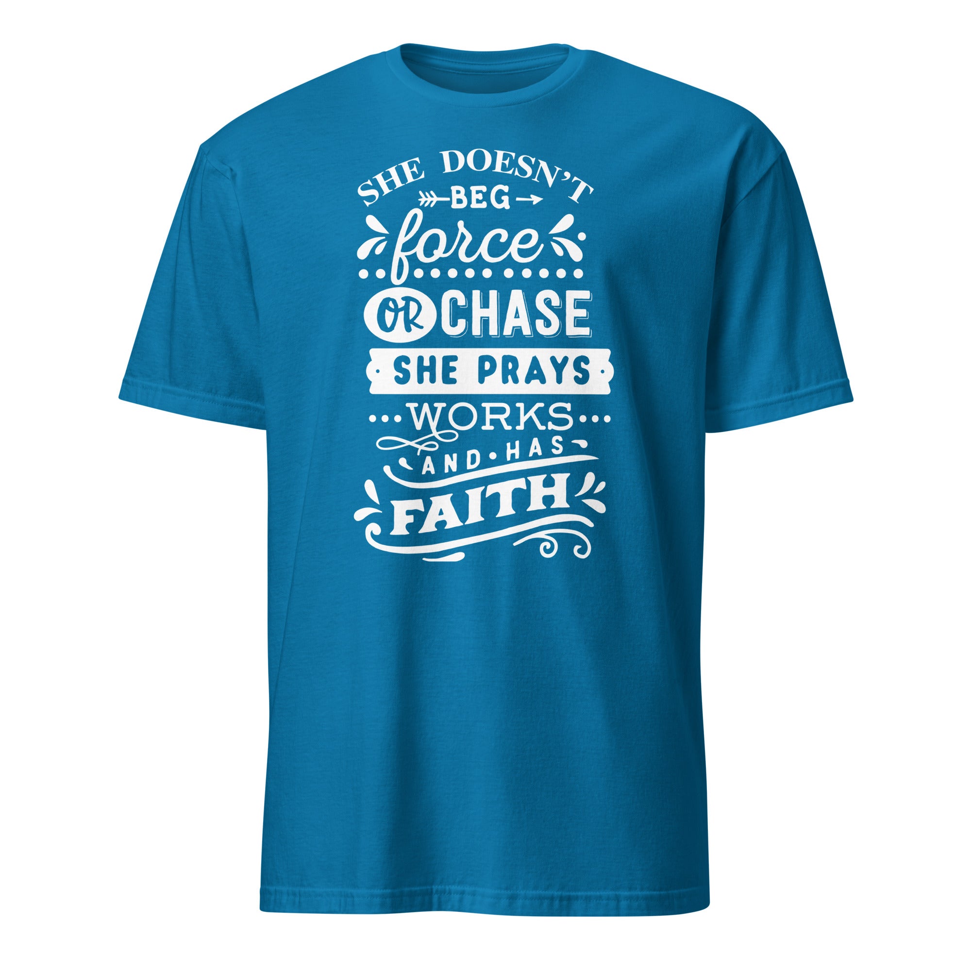 Blue t-shirt with white motivational text design on a white background