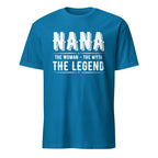 Blue t-shirt with white text 'Nana, The Woman, The Myth, The Legend' on a white background