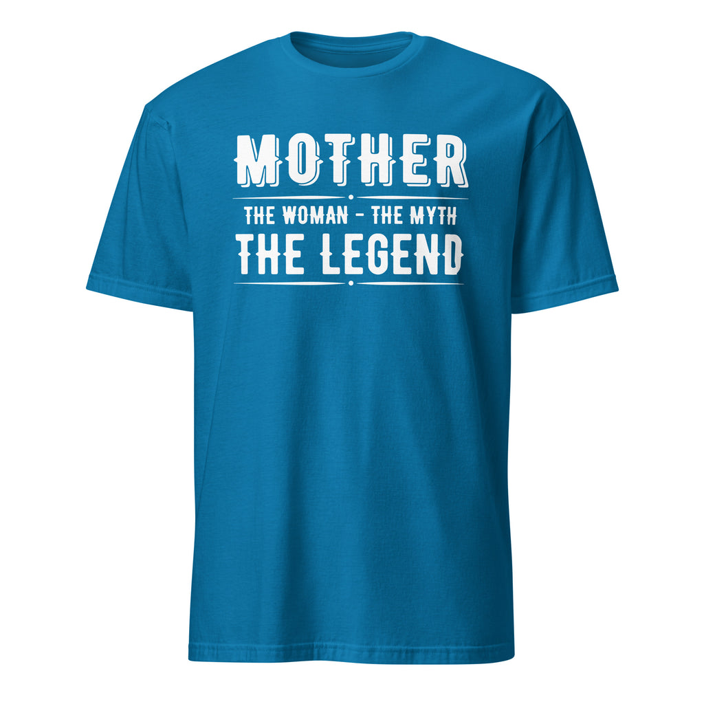 Blue t-shirt with white text on a white background