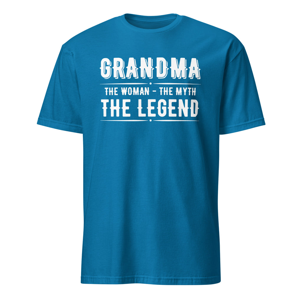 Blue t-shirt with white text 'GRANDMA THE WOMAN - THE MYTH THE LEGEND' on a white background