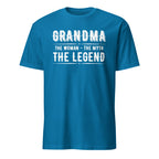 Blue t-shirt with white text 'GRANDMA THE WOMAN - THE MYTH THE LEGEND' on a white background