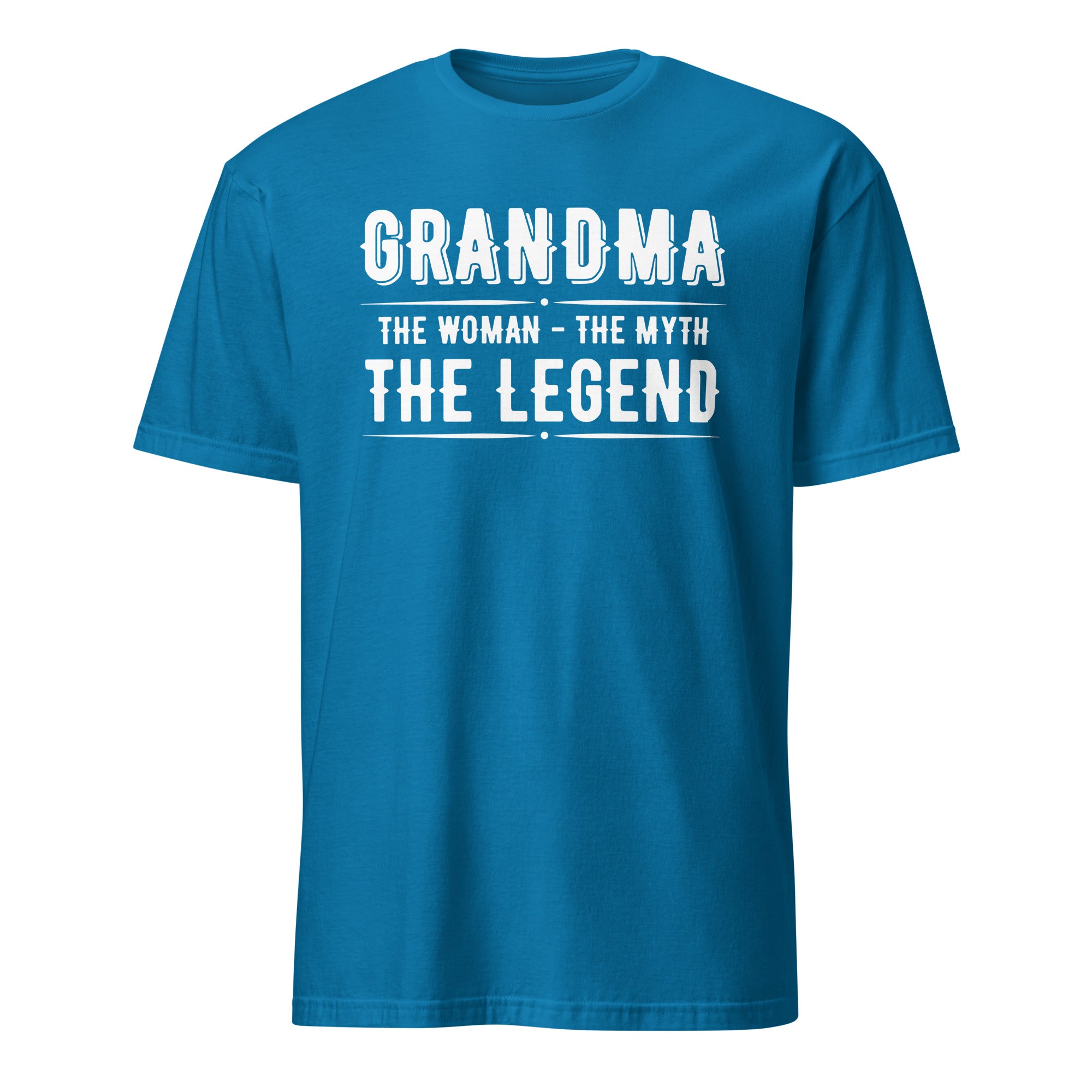 Blue t-shirt with white text 'GRANDMA THE WOMAN - THE MYTH THE LEGEND' on a white background