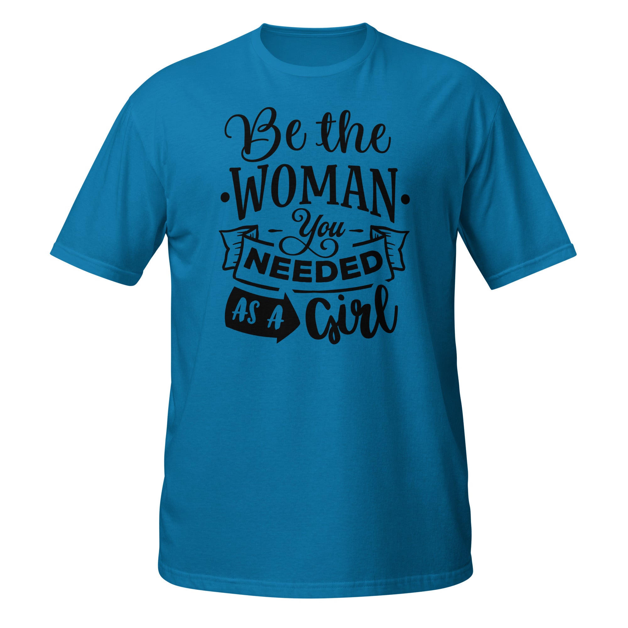 Blue t-shirt with motivational quote on a white background