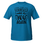 Blue t-shirt with motivational quote on a white background