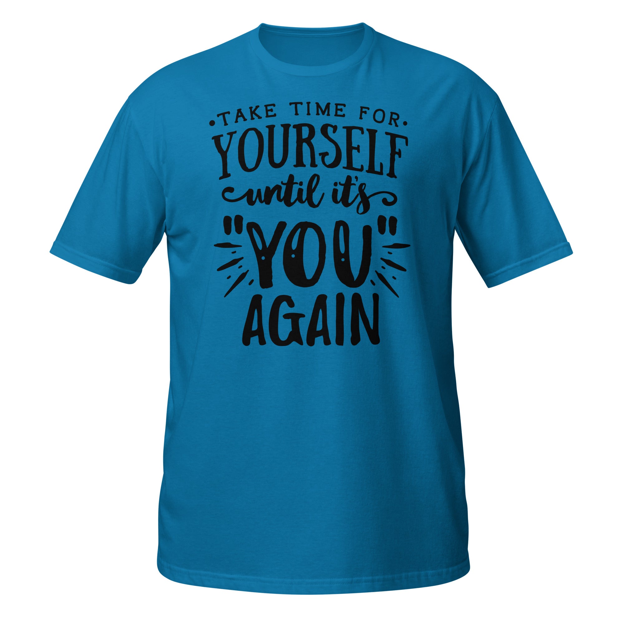 Blue t-shirt with motivational quote on a white background