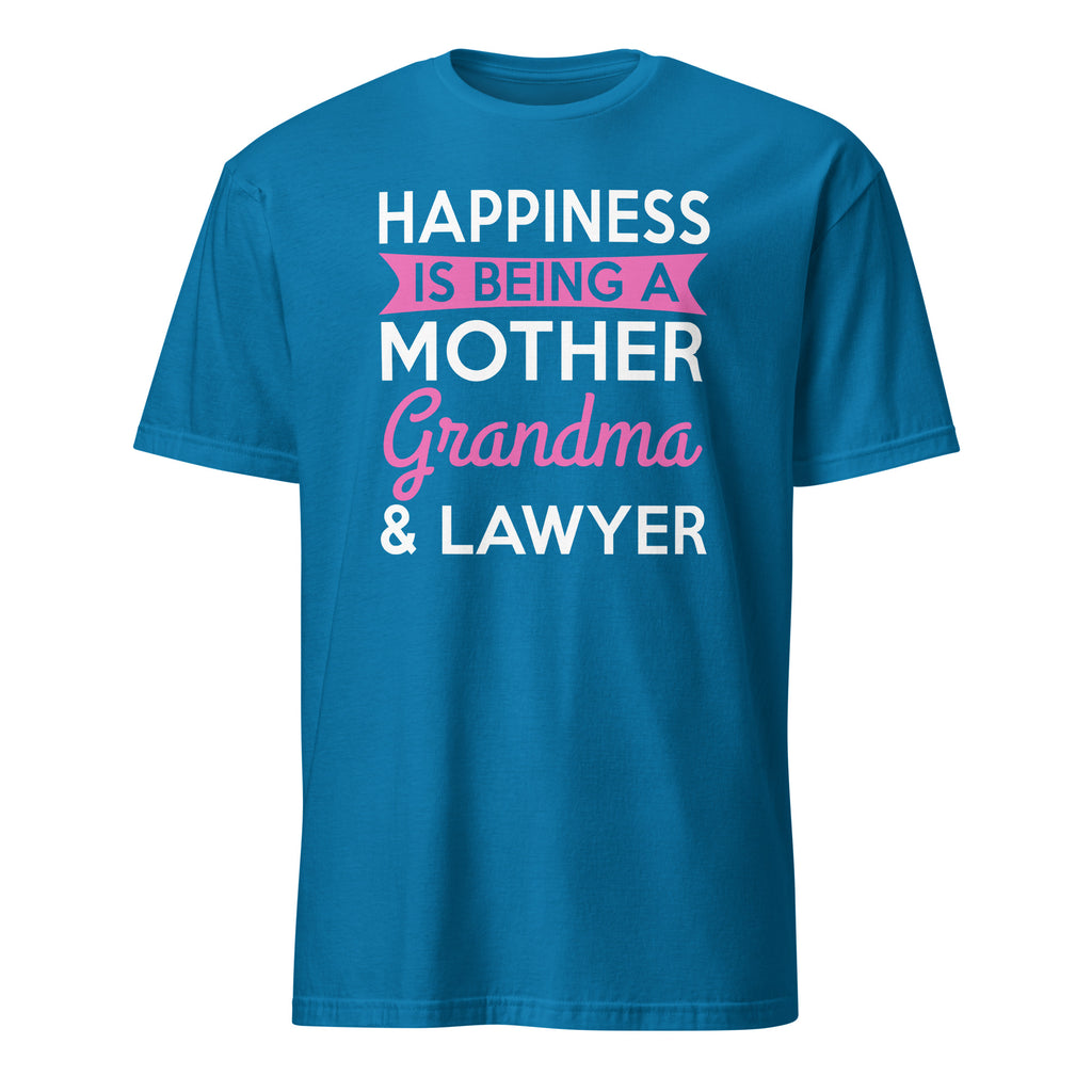 Blue t-shirt with text 'Happiness is being a Mother, Grandma & Lawyer' on a white background