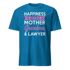 Blue t-shirt with text 'Happiness is being a Mother, Grandma & Lawyer' on a white background