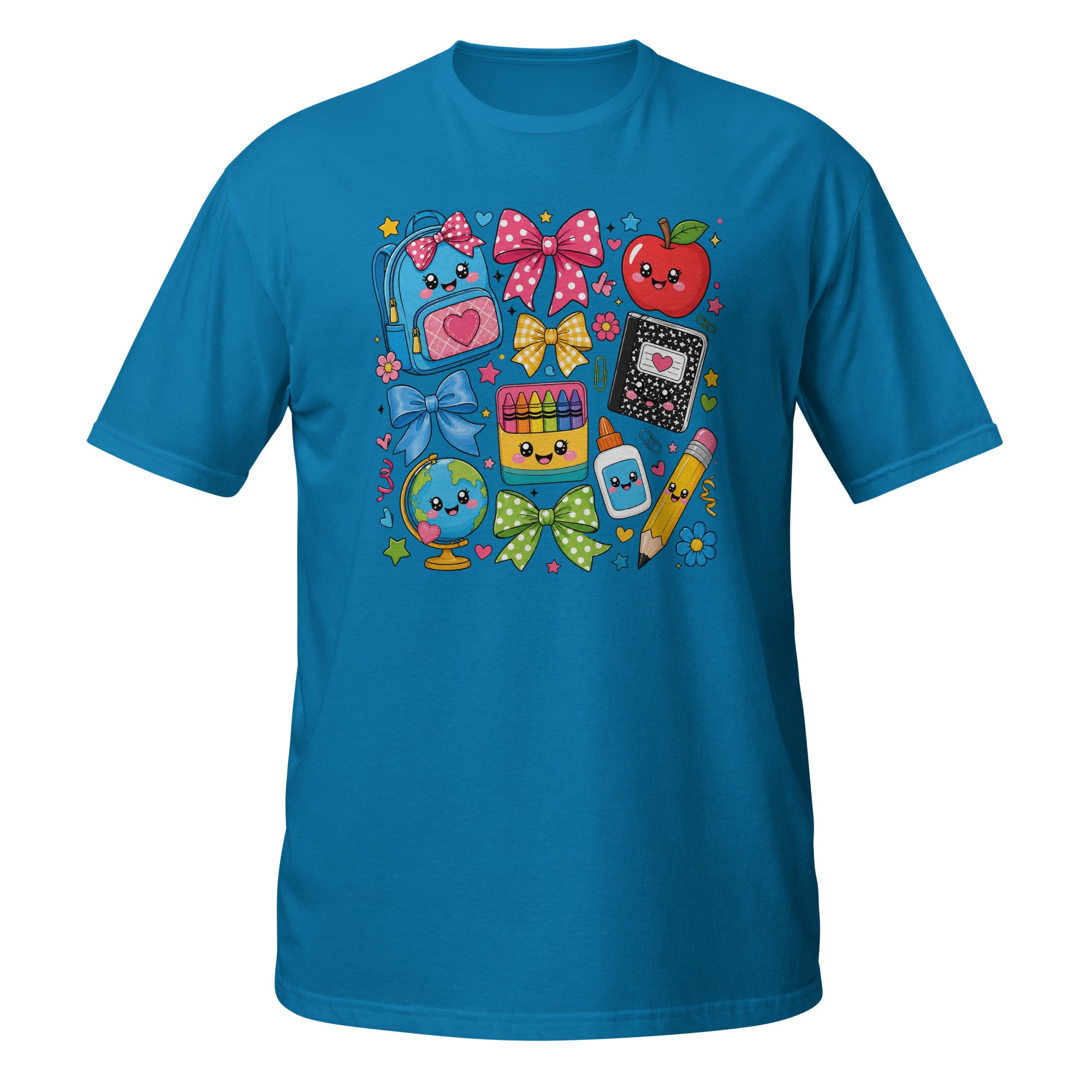 A bright blue short-sleeve t-shirt with a colorful cartoon school supplies graphic on the front, displayed against a solid white background.