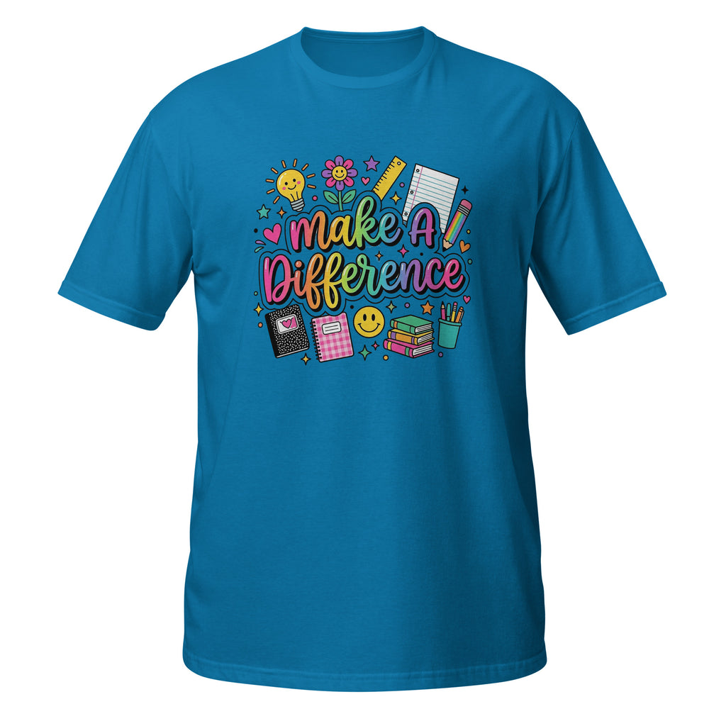 A bright blue short-sleeve t-shirt with a colorful graphic on the chest that reads 'make A Difference' surrounded by school-themed doodles like a lightbulb, flowers, a ruler, and notebooks.