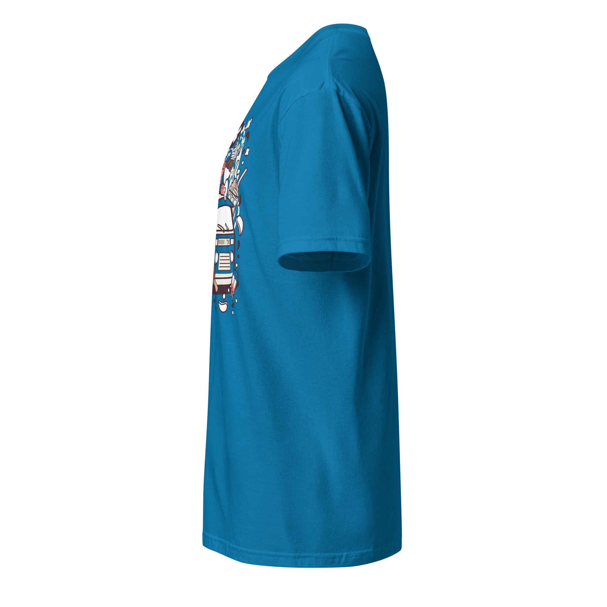 Left view of a plain Blue t-shirt on a white background
