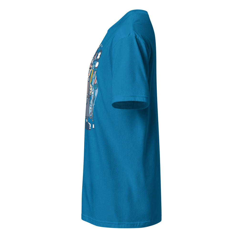 Left view of a Blue t-shirt on a white background