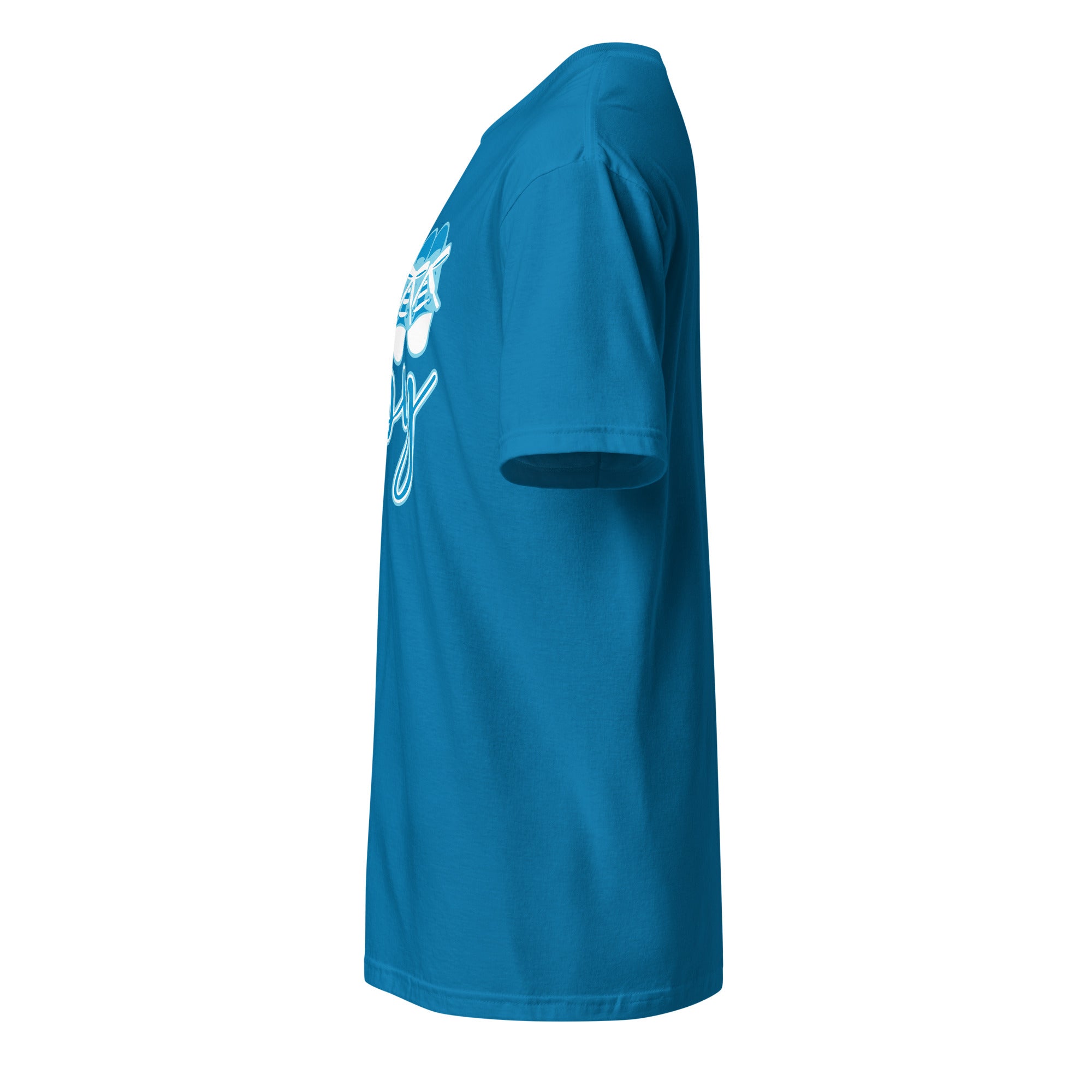 Left view of a sapphire t-shirt against a white background