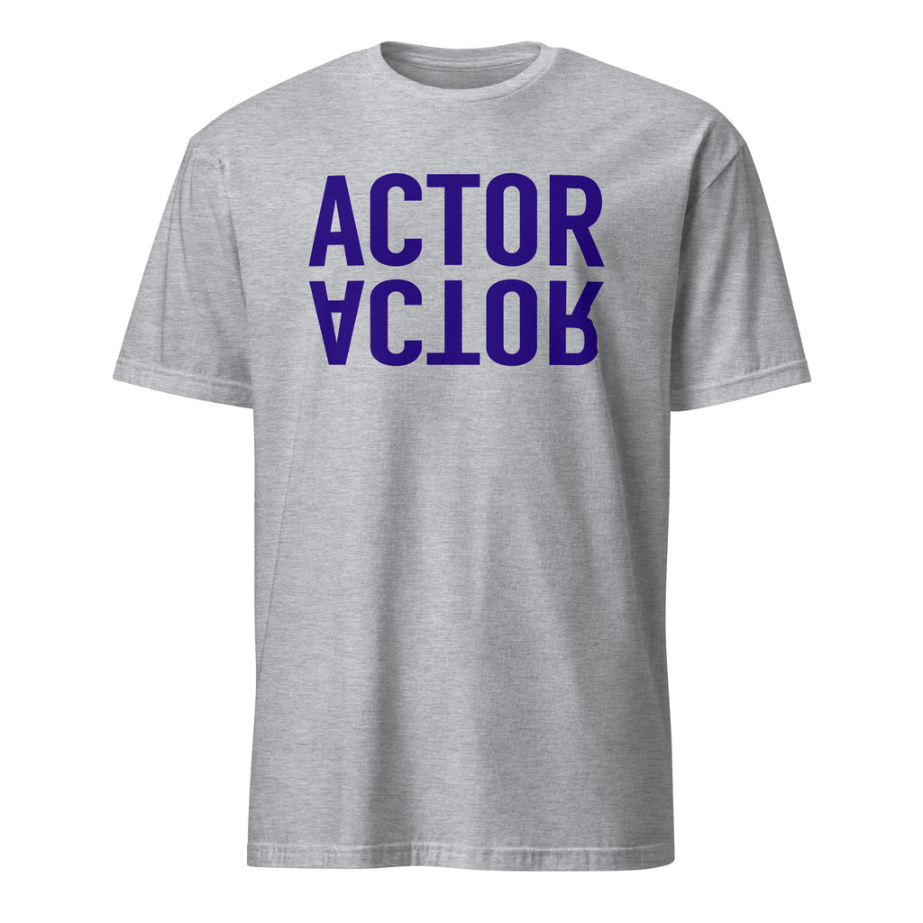 Gray t-shirt with 'ACTOR' printed in purple on a white background