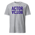 Gray t-shirt with 'ACTOR' printed in purple on a white background