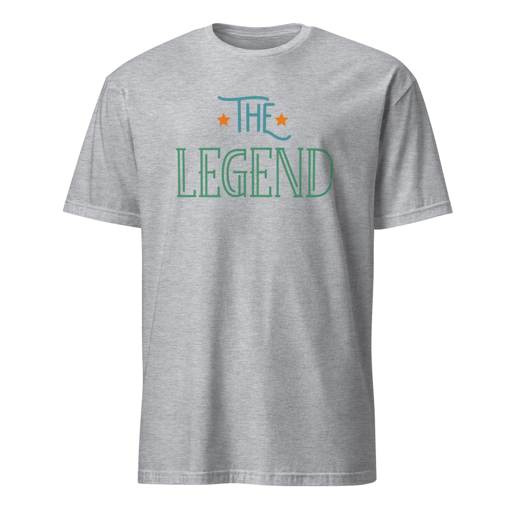 Gray t-shirt with 'The Legend' text on a white background