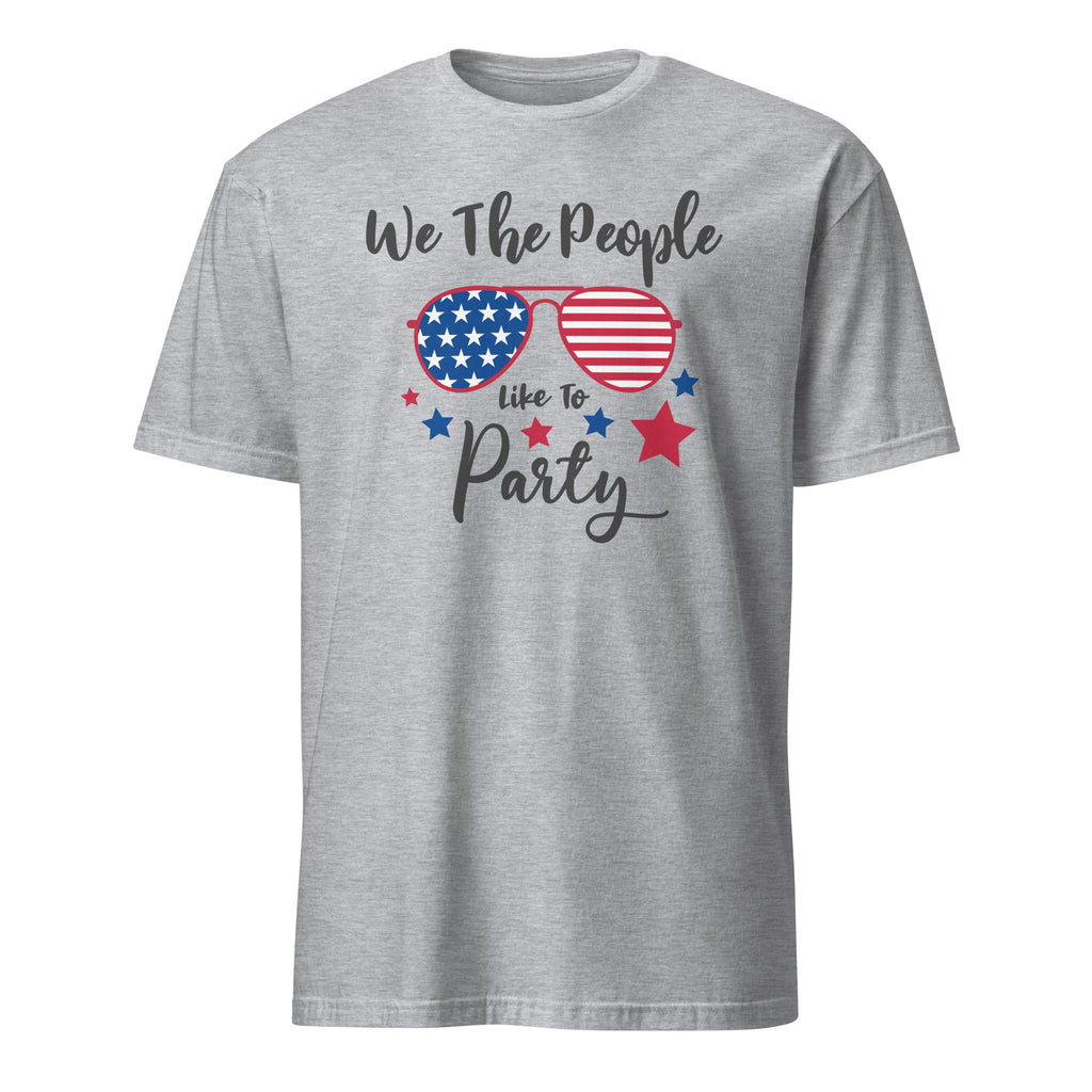 Gray t-shirt with American flag sunglasses graphic and 'We The People like to Party' text on a white background