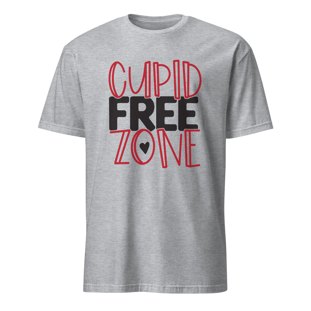 Sport Grey t-shirt with 'Cupid Free Zone' text on a white background