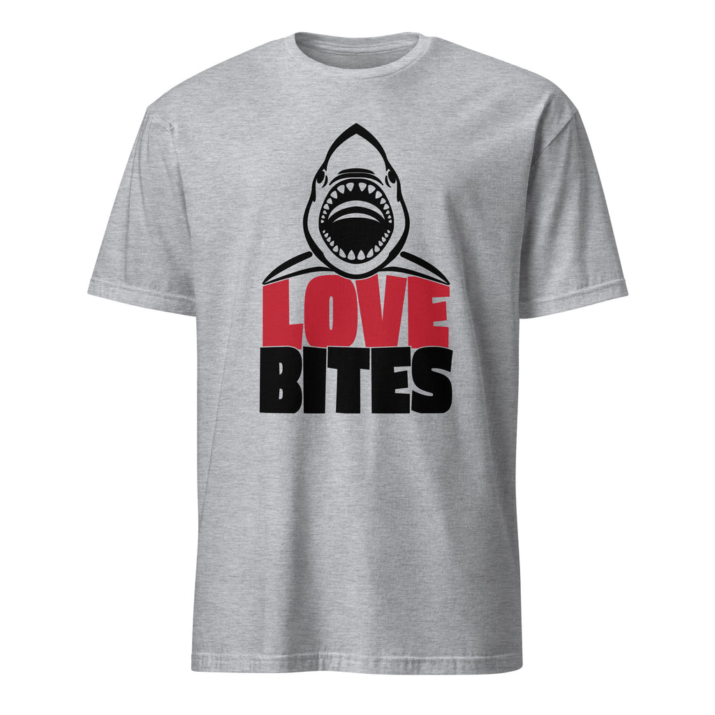 Sport Grey t-shirt with a shark graphic and 'LOVE BITES' text on a white background