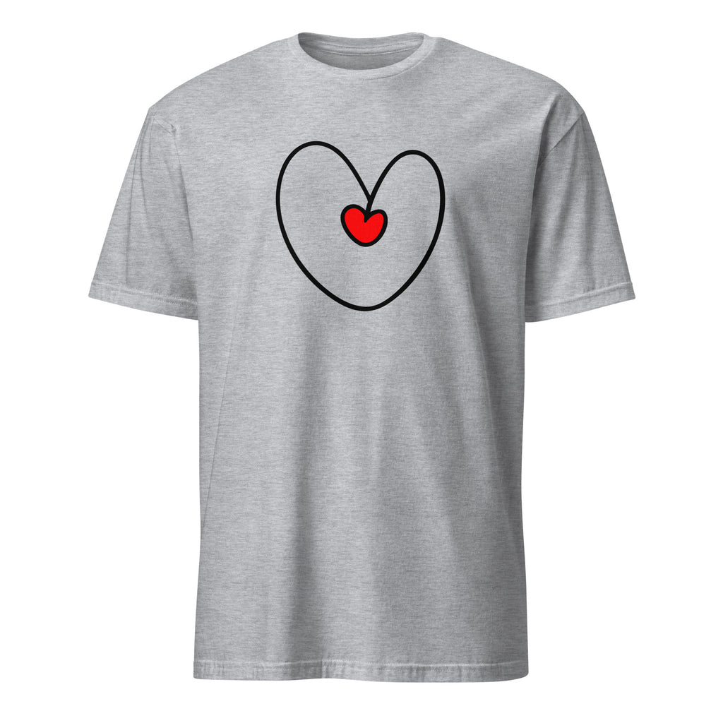 Gray t-shirt with a heart design featuring a red heart in the center on a white background