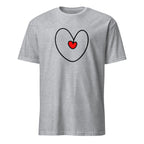 Gray t-shirt with a heart design featuring a red heart in the center on a white background
