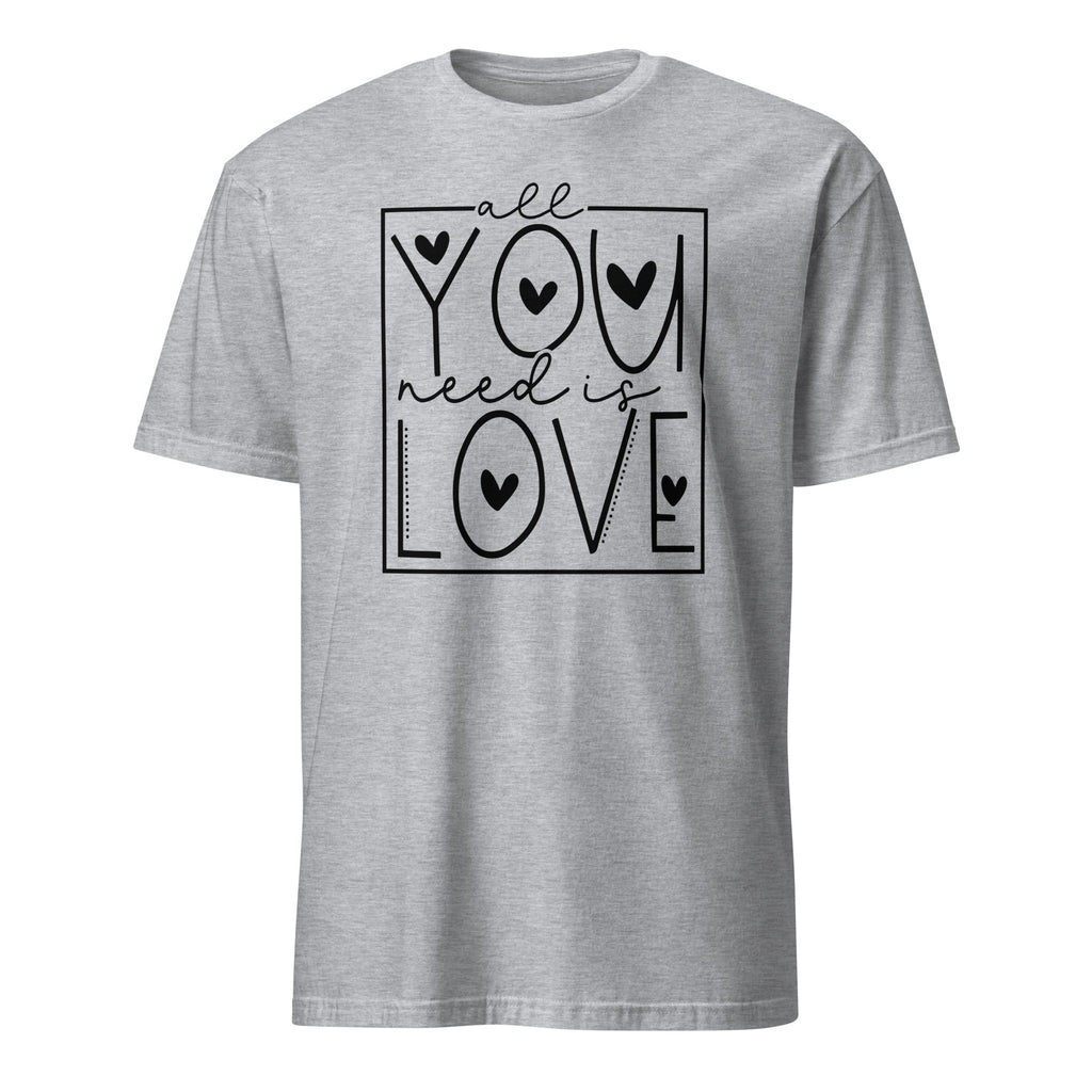 Sport Grey t-shirt with 'All you need is love' text and heart symbols on a white background