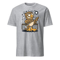 Gray t-shirt with a cartoon owl holding a microphone and boombox on a white background