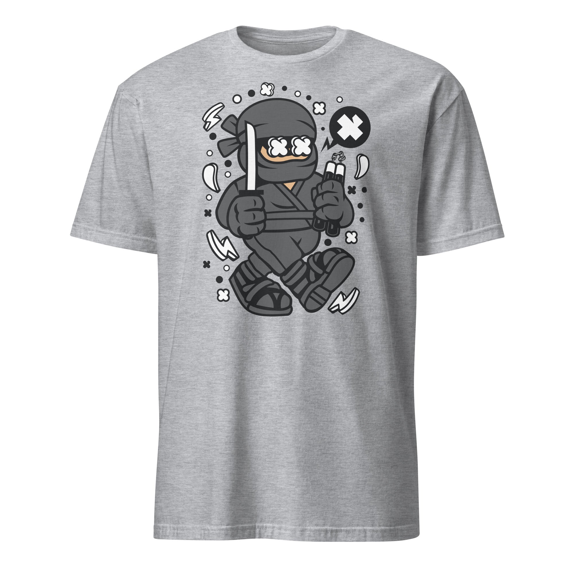 Gray t-shirt with a cartoon ninja design on a white background