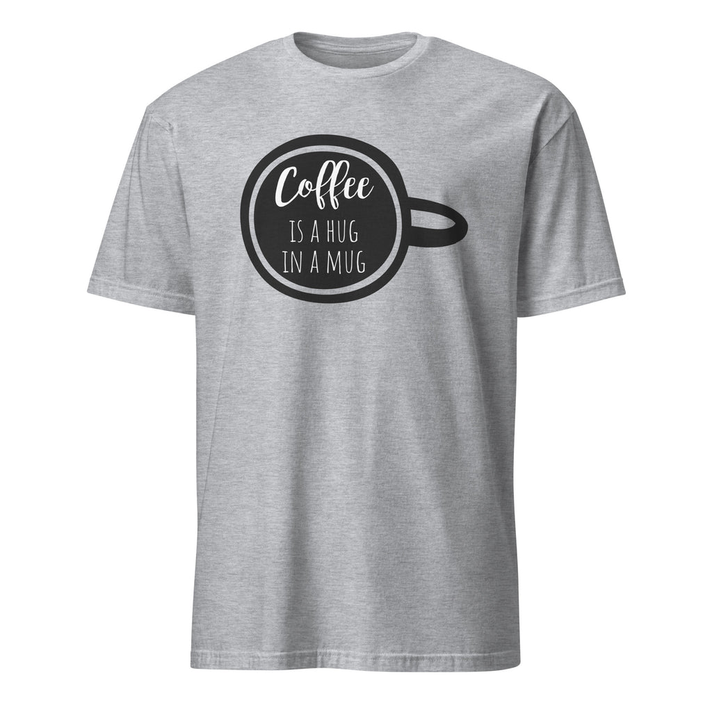 Sport Grey t-shirt with a graphic and text 'Coffee is a hug in a mug' on a white background