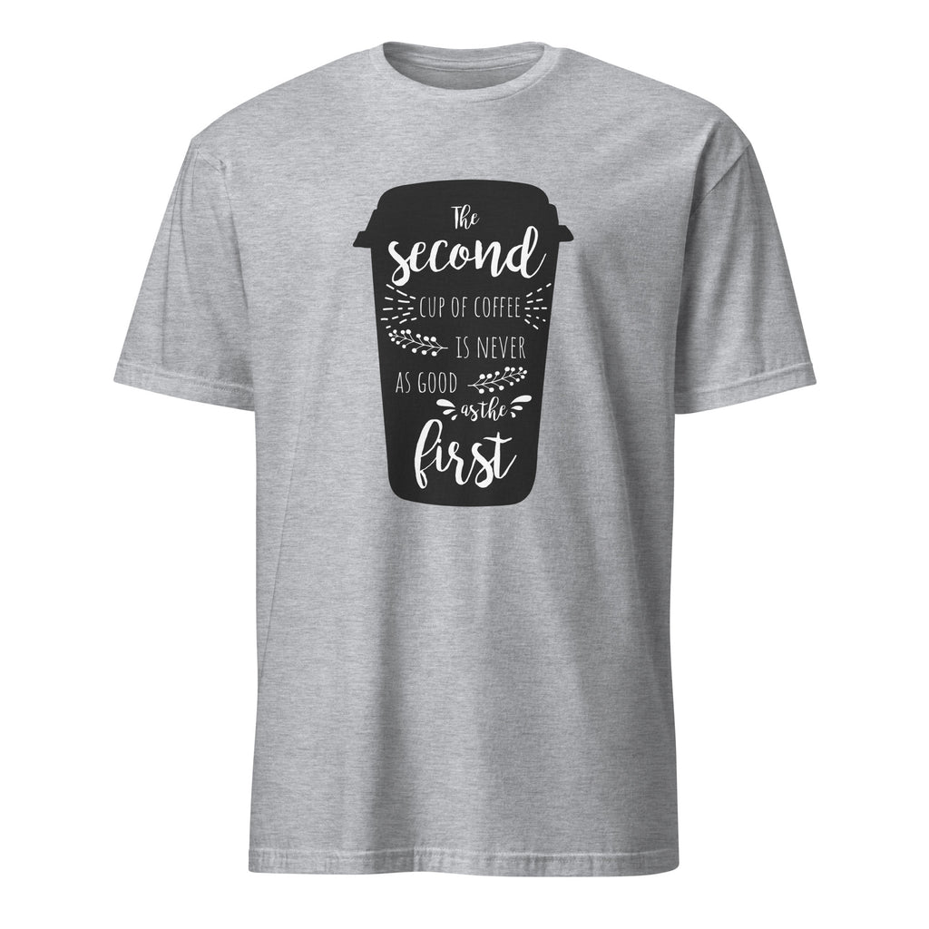 Gray t-shirt with a coffee cup graphic and text on a white background