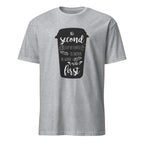 Gray t-shirt with a coffee cup graphic and text on a white background