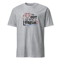 Sport Grey t-shirt with humoroug baseball "I'm Out Of Your League" text design on a white background