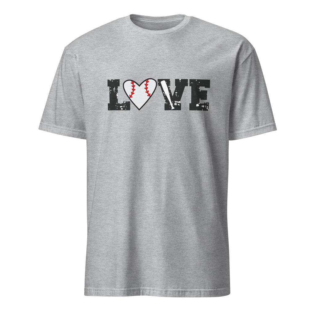Sport Grey t-shirt with 'LOVE' graphic featuring a heart and baseball on a white background