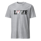 Sport Grey t-shirt with 'LOVE' graphic featuring a heart and baseball on a white background