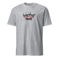 Sport Grey t-shirt with 'baseball mom' text and red laces on a white background