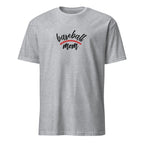 Sport Grey t-shirt with 'baseball mom' text and red laces on a white background