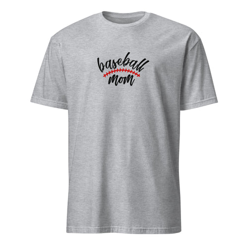 Sport Grey t-shirt with 'baseball mom' text and red laces on a white background