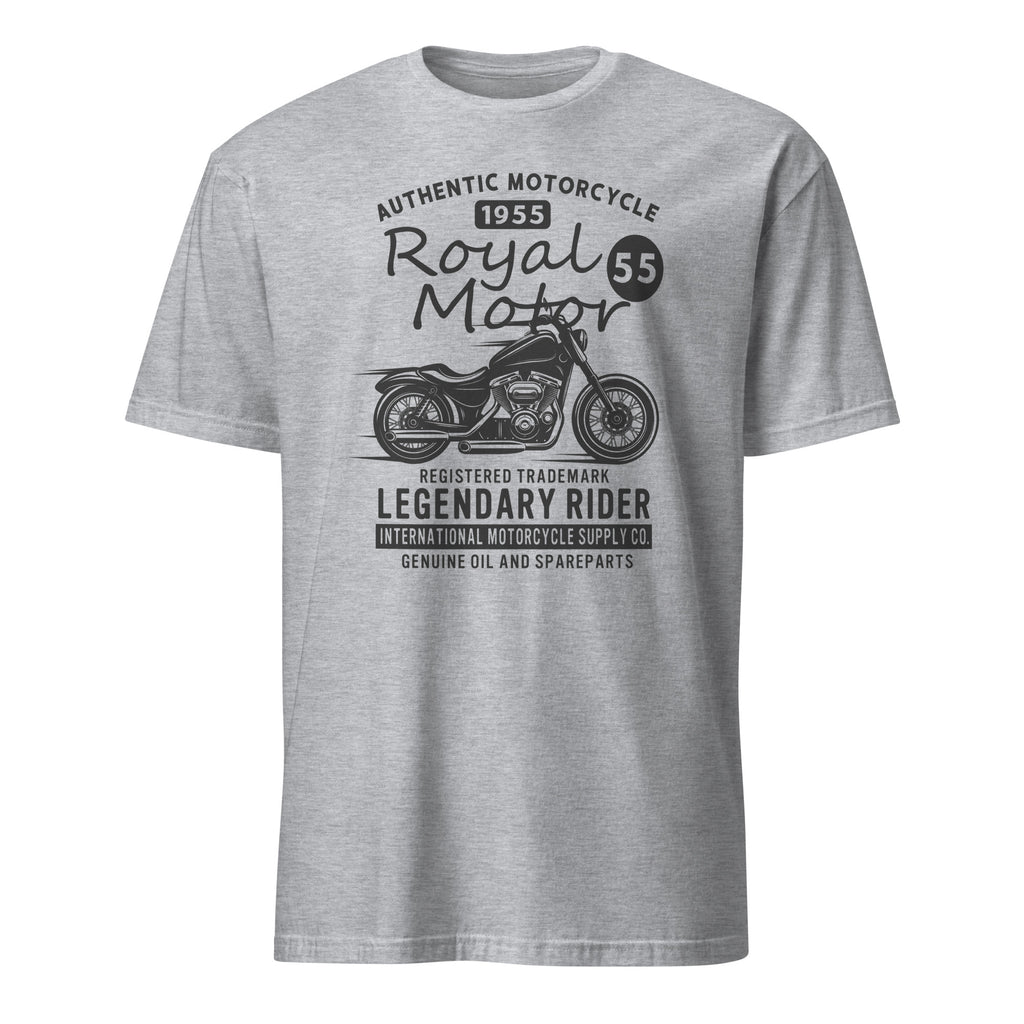 Sport Grey t-shirt with black motorcycle graphic and "Authentic Motorcycle 1955 Royal Motor Legendary Rider" text on a white background