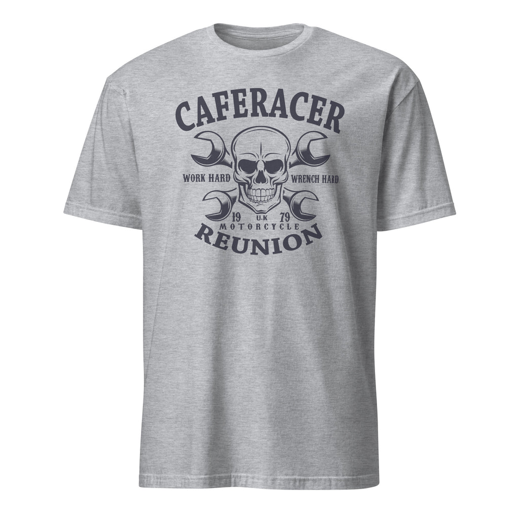 Sport Grey t-shirt with skull and wrench design on a white background